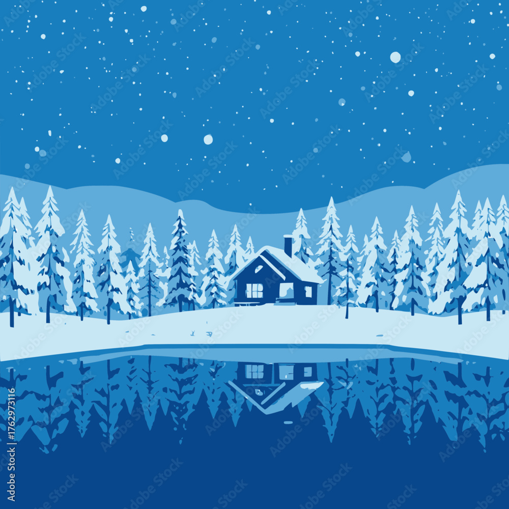 Fototapeta premium Vector art of cozy cabin nestled in a snowy forest reflected in a calm lake under a starry winter night sky