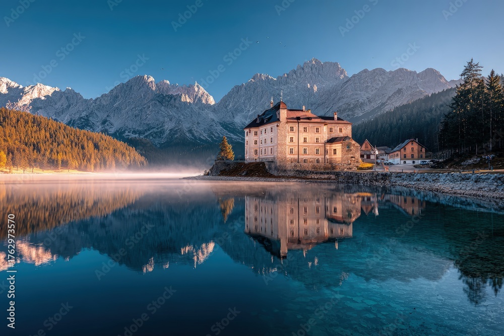 Fototapeta premium Majestic Castle Reflecting On Serene Alpine Lake At Sunrise