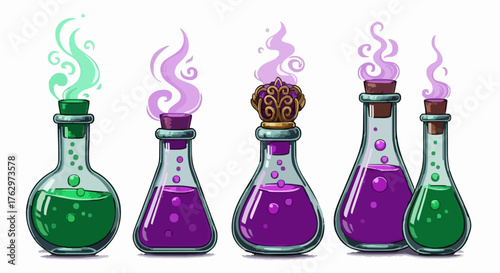 Mystical potion bottles suitable for game assets, fantasy illustration, magic spell, witch craft