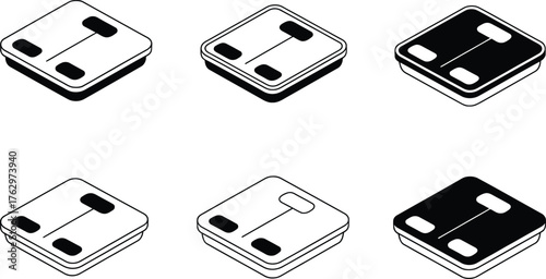 Isometric Icons of Bathroom Scales in Black and White