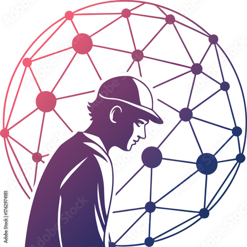 Thoughtful man in a hat with a polygonal sphere background, a vector illustration of global network, business strategy, technology, and communication.