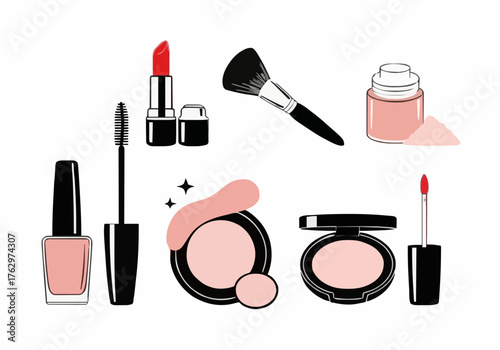 Set of vector decorative cosmetics suitable for beauty products promotion, nail art, face care, makeup tutorial, fashion blog