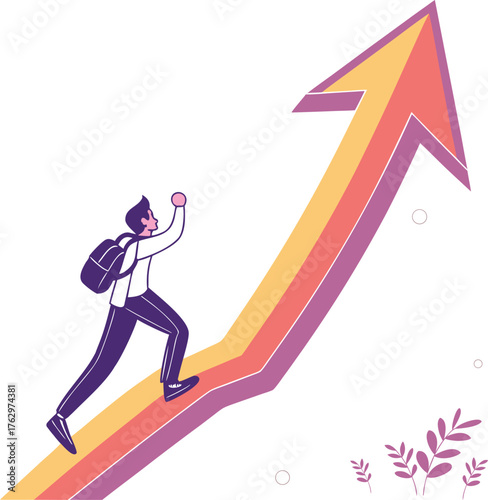Businessman with a backpack running up a large upward-sloping arrow, a vector illustration symbolizing career growth, business progress, success, motivation, ambition, personal development.