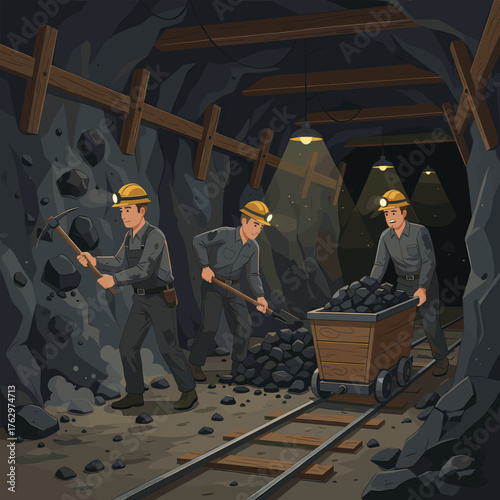 Hardworking Miners Extracting Precious Coal Deep Underground in a Dark Tunnel with Determination and Teamwork