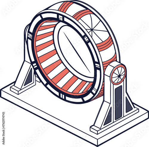 Hamster wheel vector illustration in an isometric line art style with decorative color accents, symbolizing constant routine, repetitive work, business cycle, or running exercise.