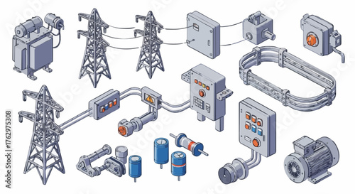 Isometric illustration of electrical power equipment transformers, power lines, and components