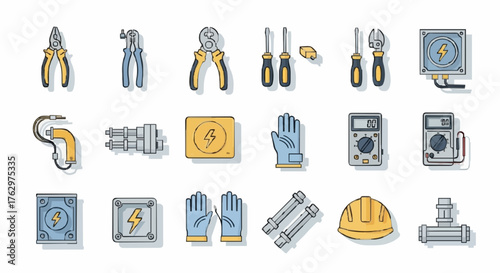 Collection of electrical tools and equipment for construction and repair work