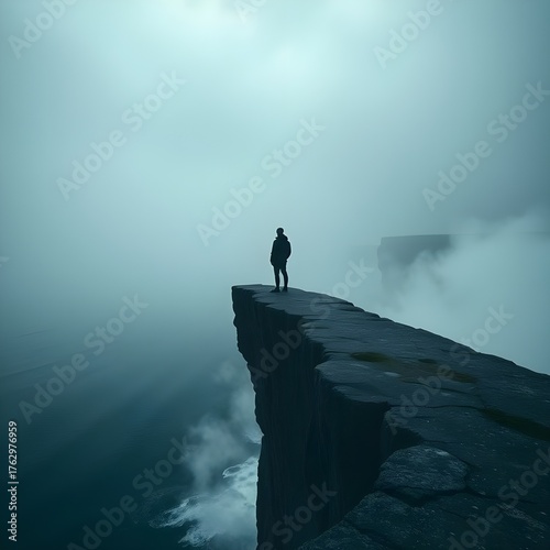 a person standing on the edge of a cliff looking down into the dark ocean abyss