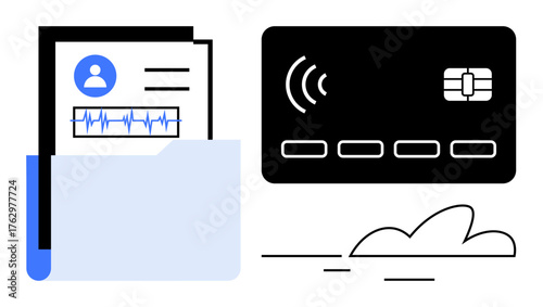 Medical report in a folder and a contactless payment card with signal icon suggest health data access and payments. Ideal for healthcare, technology, finance, security, innovation, data management