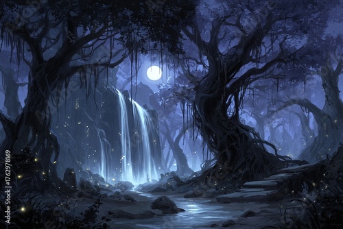 Mystical Night Forest With Waterfall Under Moonlight