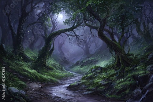 Mystical Moonlight Forest Path
