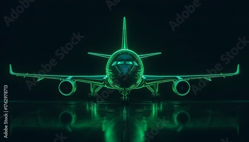 Neon Green Airplane Outline Front View on Black Background
