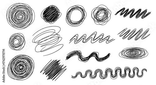 Set of hand drawn chaotic scribble circles and lines.