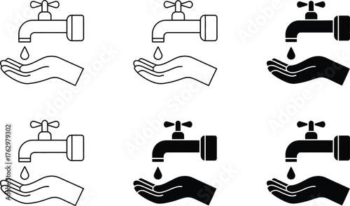 Icons of a Faucet Dripping Water Onto a Hand