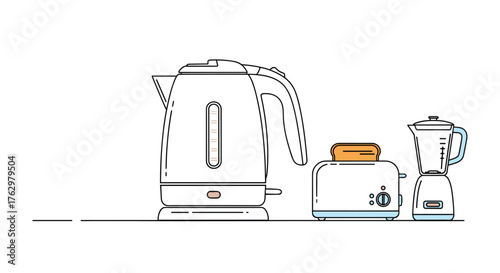 Essential Kitchen Appliances - Kettle, Toaster, and Blender Line Art.