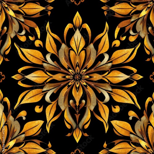 Seamless Gold Art Deco Pattern Luxury Symmetrical Vintage Ornament on Black Background_4