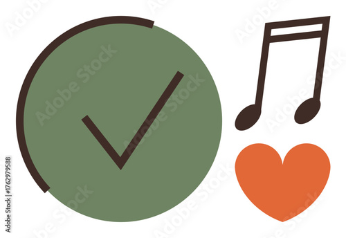 Green checkmark, orange heart, and musical notes convey approval, love, and creativity. Ideal for music, emotions, acceptance creativity care positivity and connection. A simple flat metaphor