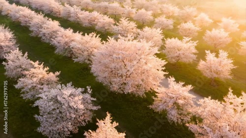 Aerial View of a Blooming Cherry Orchard in Early Spring Warm Golden Sunlight Illuminating the Delicate Pink and White Blossoms Overhead