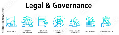 Legal & Governance banner web icon vector illustration concept with icon of legal issue, corporate governance, copyright infringement, international conflict, public health emergencies
