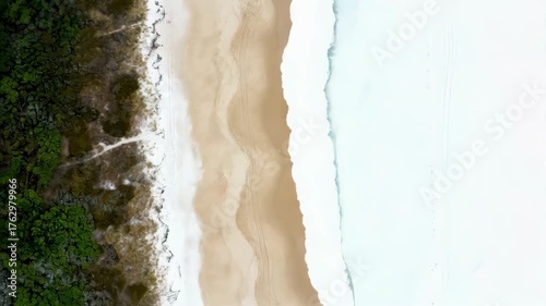 Aerial View Of A Sandy Beach With Green Vegetation And Gentle Ocean Waves Under Bright Daylight