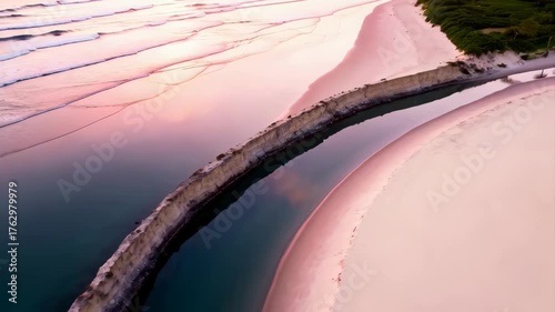 Aerial View Of A Sandy Beach With A Calm Blue River Meandering Through The Shoreline Under A Soft Pink Sunset Sky Reflecting On The Water