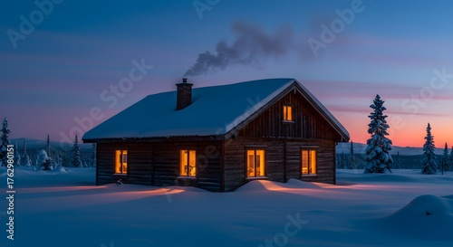 Snow covered cabin at dusk with warm interior lights and visible smoke