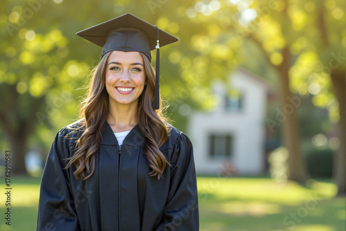 Young woman smiling in graduation cap and gown outdoors in sunlight  