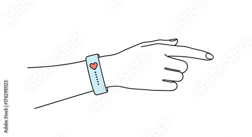 Hand wearing a fitness tracker pointing to the right, indicating direction or selection.