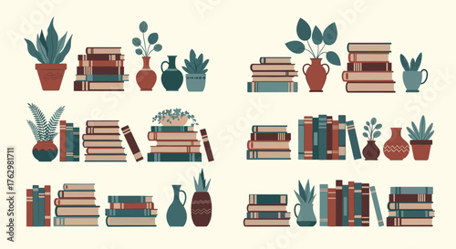 Collection of books and potted plants arranged on shelves, creating a cozy and intellectual atmosphere.