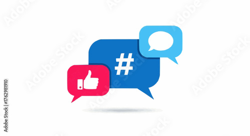 Social media icons like, hashtag, and chat bubbles representing online communication and engagement