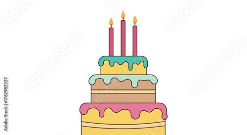 Colorful three tiered birthday cake with lit candles illustration.