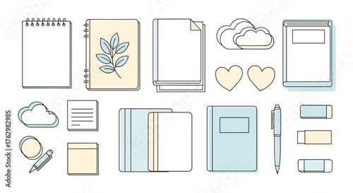 Collection of stationery items including notebooks and pens for creative work.