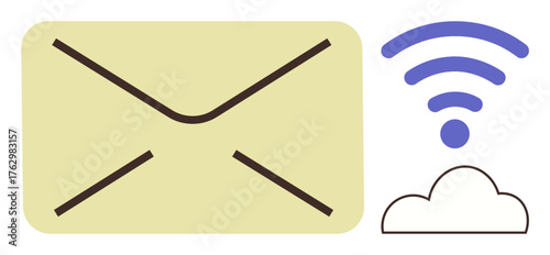 Envelope symbolizing email communication, wireless signal, and cloud storage. Ideal for technology, cloud computing, digital communication, networking, email services, remote work and online data
