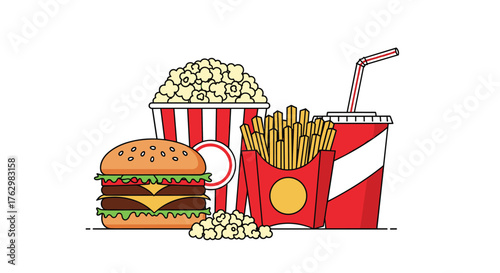 Delicious Fast Food Combo with Burger, Fries, Popcorn, and Soda.