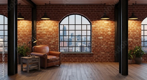 Fototapeta Naklejka Na Ścianę i Meble -  Cozy loft interior with exposed brick walls and large arched windows showcasing city view