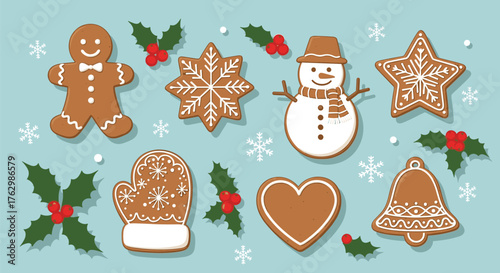 Festive Gingerbread Cookies and Holly Berries Christmas Collection.