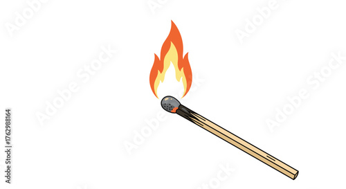 Burning Matchstick with Bright Flame Illustration on White Background.