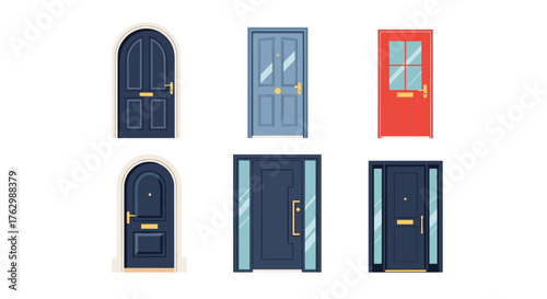 Set of six different house entrance doors vector illustration.