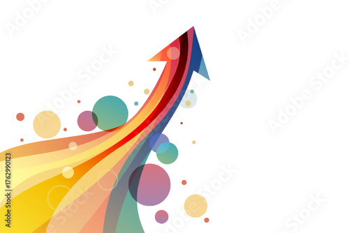 Abstract colorful arrow moving upwards with circles on white background. vibrant arrow symbolizing growth and progress.