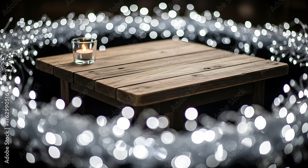 Naklejka premium Rustic wooden table illuminated by soft white fairy lights and candle