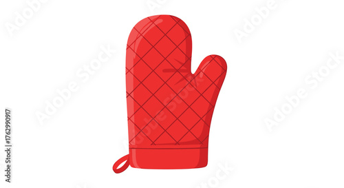 Red oven mitt for kitchen safety and heat protection during cooking.