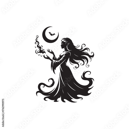 Gothic Lilith Halloween Silhouette Illustration, Black and White Vector.