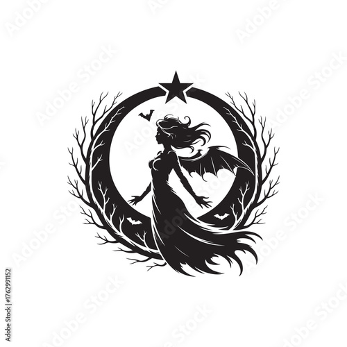 Gothic Lilith Halloween Silhouette Illustration, Black and White Vector.