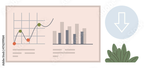 Line graph and bar chart representing data analysis beside a download icon and green plants. Ideal for business analytics, financial reports, presentations, education, strategy, research, and growth