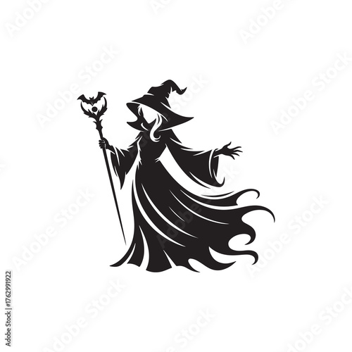Gothic Lilith Halloween Silhouette Illustration, Black and White Vector.
