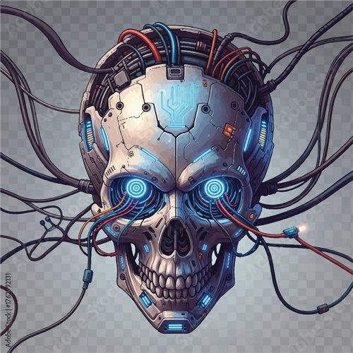 robotic sci-fi skull with cables technology equipment