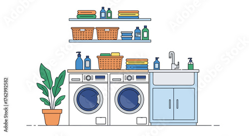 Laundry Room with Washing Machines and Shelves.