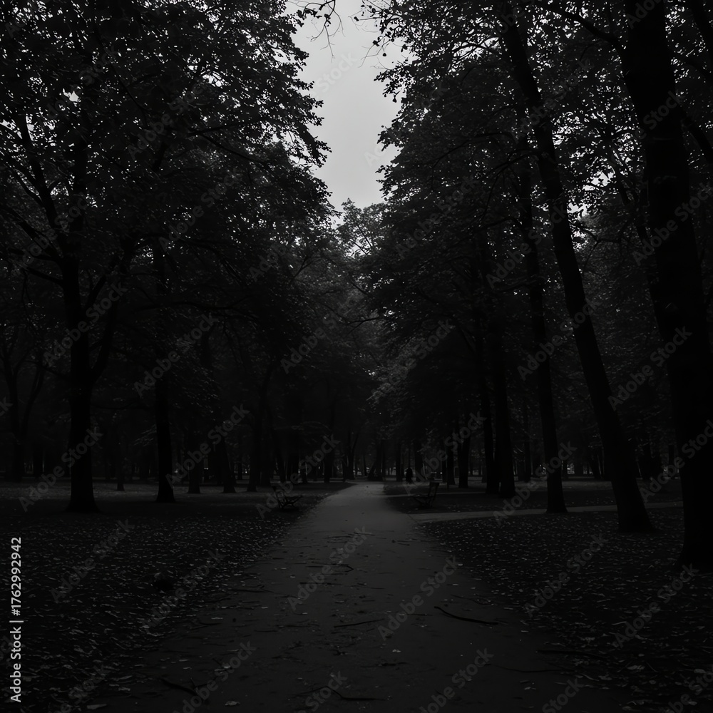 Obraz premium Dark forest path with tall trees