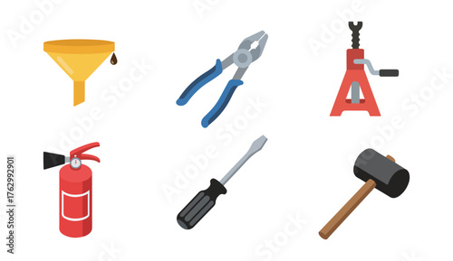 Illustration of various tools including a funnel, pliers, jack, extinguisher, screwdriver, and mallet.