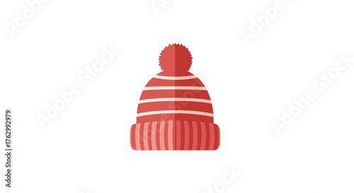 Red knitted winter hat with white stripes and a pom pom.